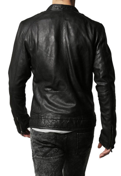 Noora Men’s Fitted Black Leather Jacket with Zipper Detailing, Real Lambskin Black Biker Leather Jacket