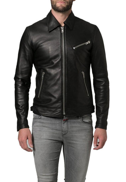 men’s fitted black leather jacket with collar