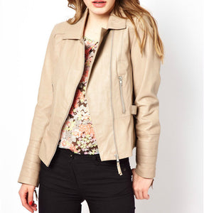 Noora Women's Cream fitted leather jacket with a Cinched back Motorcycle Leather Jacket ST0299