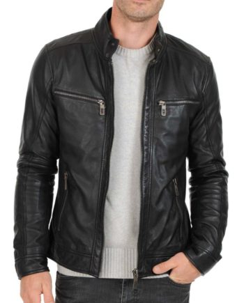 Men’s fitted dark grey leather jacket with zipper pockets - Noora International