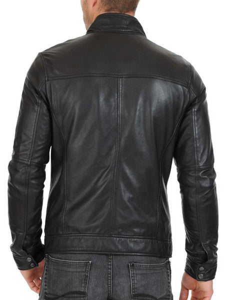 Men’s fitted dark grey leather jacket with zipper pockets - Noora International