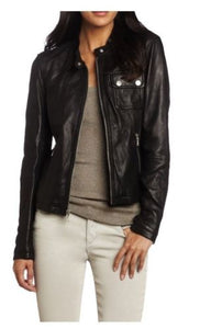 Noora Women’s Real Sheepskin Leather Jacket with front pockets Black ST0228
