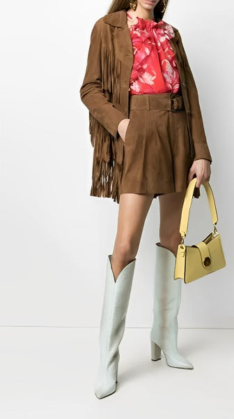Noora Gorgeous Women Brown Suede Leather Jacket with Fringe Western Style Cow girl Midi Coat  YK