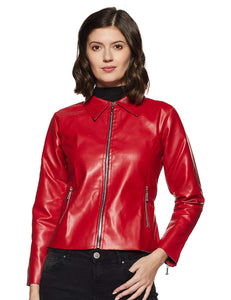 NOORA Womens Lambskin Shinny Red Leather Jacket, Motorcycle Biker With Zipper & Zip Pocket Jacket JS16