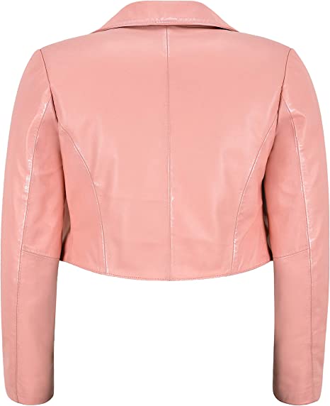 Noora Womens Stylish Baby Pink Cropped Lambskin Leather Slim-fit Jacket SN018
