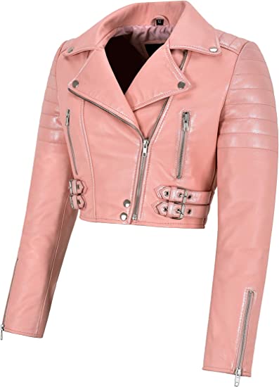 NOORA Womens PINK Cropped Biker Leather Jacket | Casual & Party Wear Jacket | Quilted Jacket for women | SN019