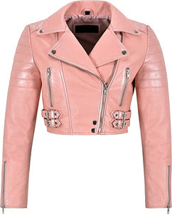 NOORA Womens PINK Cropped Biker Leather Jacket | Casual & Party Wear Jacket | Quilted Jacket for Women | SN019