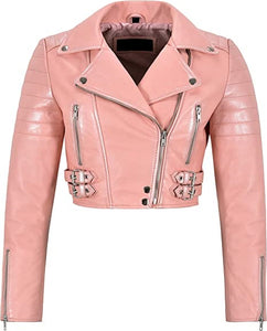 NOORA Womens PINK Cropped Biker Leather Jacket | Casual & Party Wear Jacket | Quilted Jacket for women | SN019