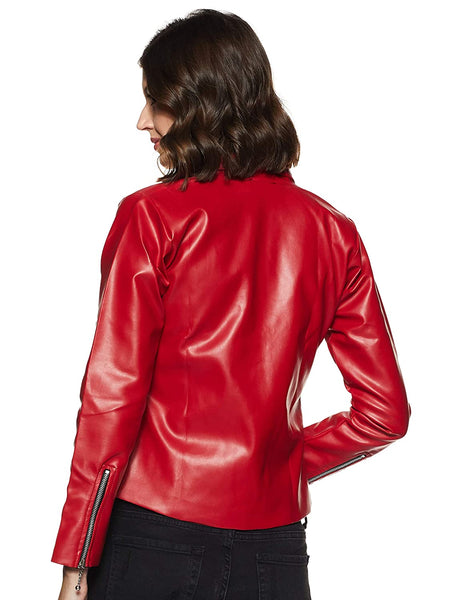 NOORA Womens Lambskin Shinny Red Leather Jacket, Motorcycle Biker With Zipper & Zip Pocket Jacket JS16