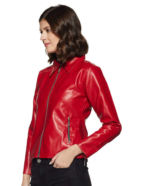 NOORA Womens Lambskin Shinny Red Leather Jacket, Motorcycle Biker With Zipper & Zip Pocket Jacket JS16