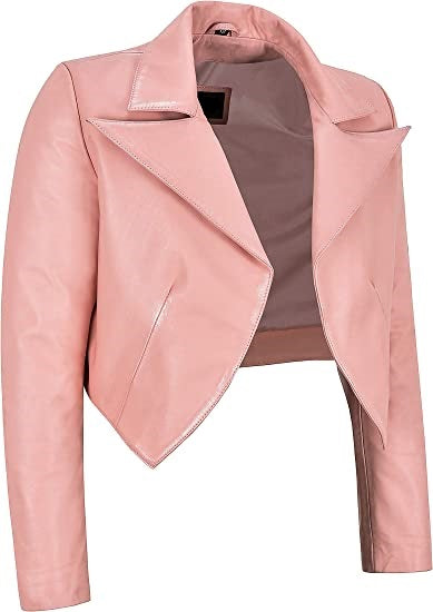 Noora Womens Stylish Baby Pink Cropped Lambskin Leather Slim-fit Jacket SN018