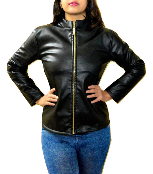 NOORA Womens Lambskin Black Leather Motocycle Jacket With Zipper & Chinese Collar Slim Fit Biker Jacket JS17
