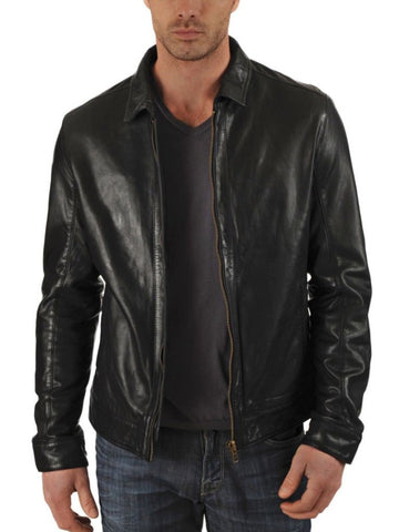 Men’s fitted leather jacket with collar - Noora International