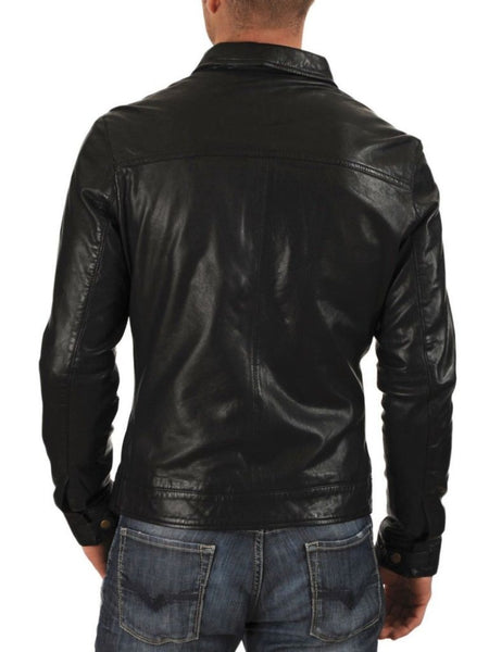 Men’s fitted leather jacket with collar - Noora International