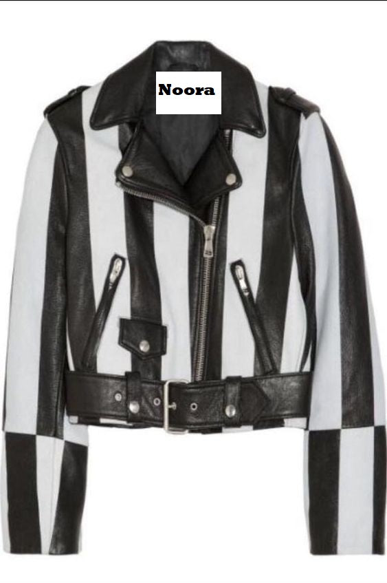NOORA Black & White Zebra Style Strips Leather Jacket, Chessboard style Vintage Womens Leather Jacke