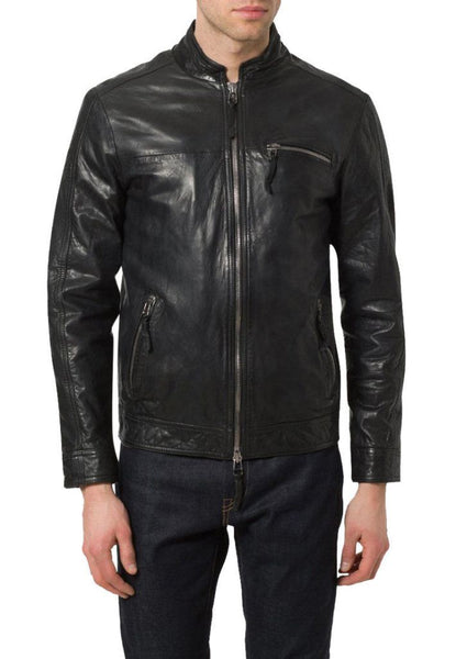 men’s casual black leather jacket with zipper pockets