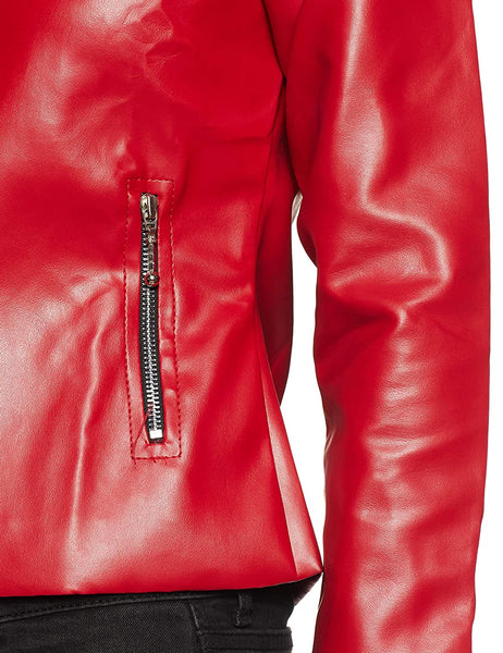 NOORA Womens Lambskin Shinny Red Leather Jacket, Motorcycle Biker With Zipper & Zip Pocket Jacket JS16