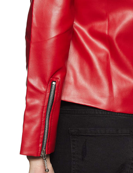 NOORA Womens Lambskin Shinny Red Leather Jacket, Motorcycle Biker With Zipper & Zip Pocket Jacket JS16