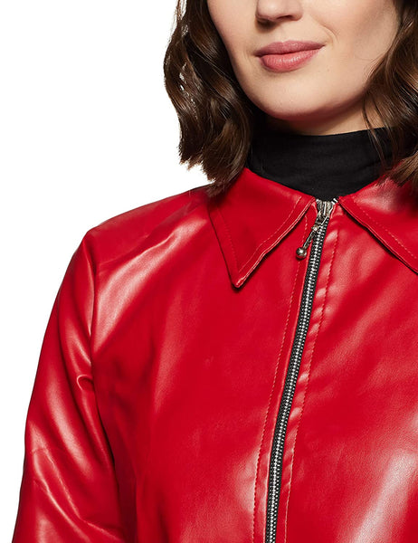 NOORA Womens Lambskin Shinny Red Leather Jacket, Motorcycle Biker With Zipper & Zip Pocket Jacket JS16