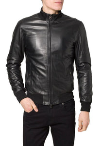 men’s simple black leather bomber jacket - Noora International