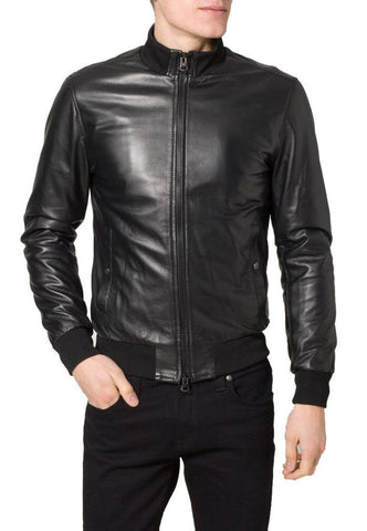 men’s simple black leather bomber jacket - Noora International
