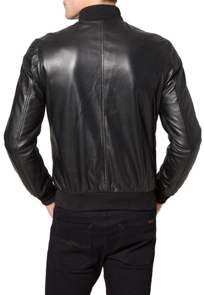 men’s simple black leather bomber jacket - Noora International
