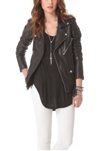 Noora Women's Long Black Biker leather jacket with belt ST0289