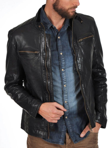Noora Men’s Lambskin Dark Grey Leather Jacket With Zippers | Casual Biker Jacket