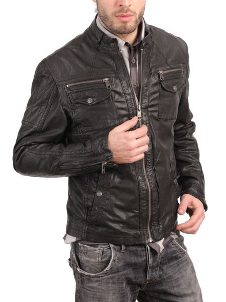 Noora Men’s brown biker jacket with front pockets and zippers