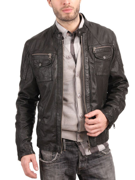 Noora Men’s brown biker jacket with front pockets and zippers