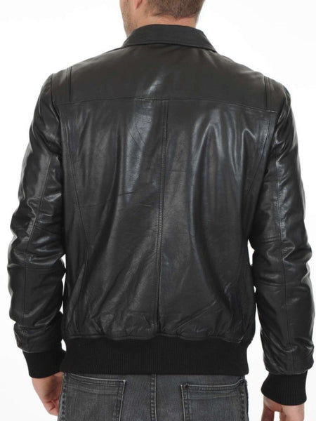 Noora Men's Black Lambskin Leather Bomber Biker Jacket With Standard Collar & Zipper Designer Handmade Black Leather Jacket SU036
