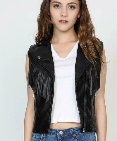 Noora New Womens Real Black Leather Vest, Leather Waistcoat Gilet Biker Sleeveless Jacket