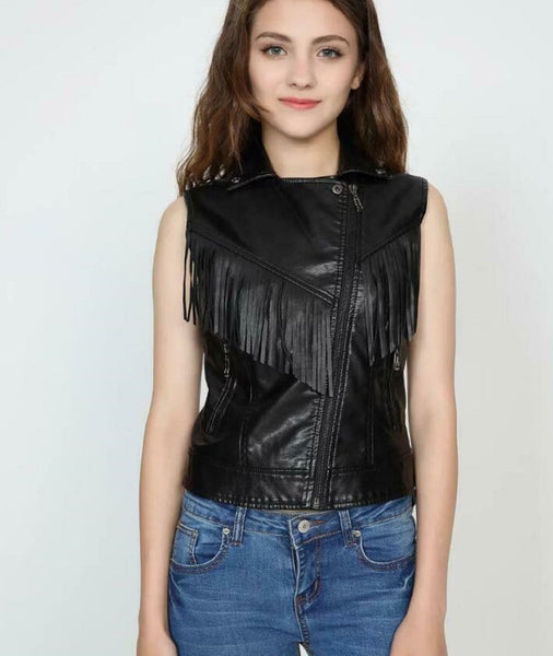 Noora New Womens Real Black Leather Vest, Leather Waistcoat Gilet Biker Sleeveless Jacket