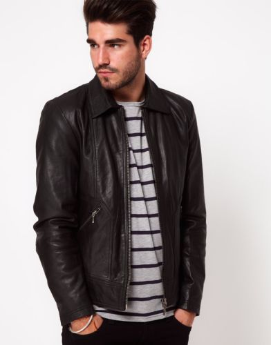 Men’s Black leather jacket with collar - Noora International