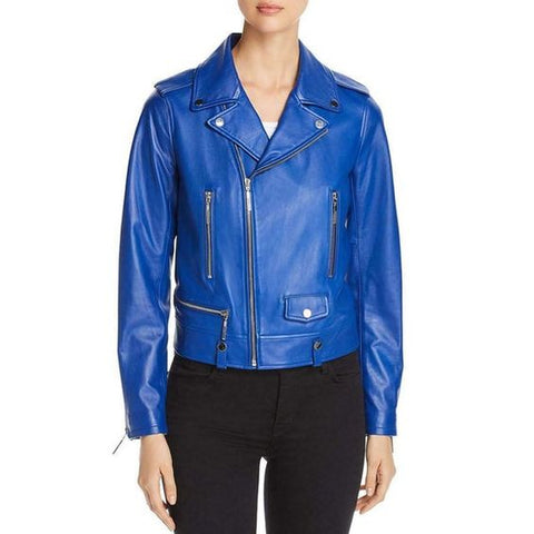 NOORA Vintage 80's Women Leather Motorcycle Jacket Moto Leather Electric Blue Cropped Racer Handmade ST0224