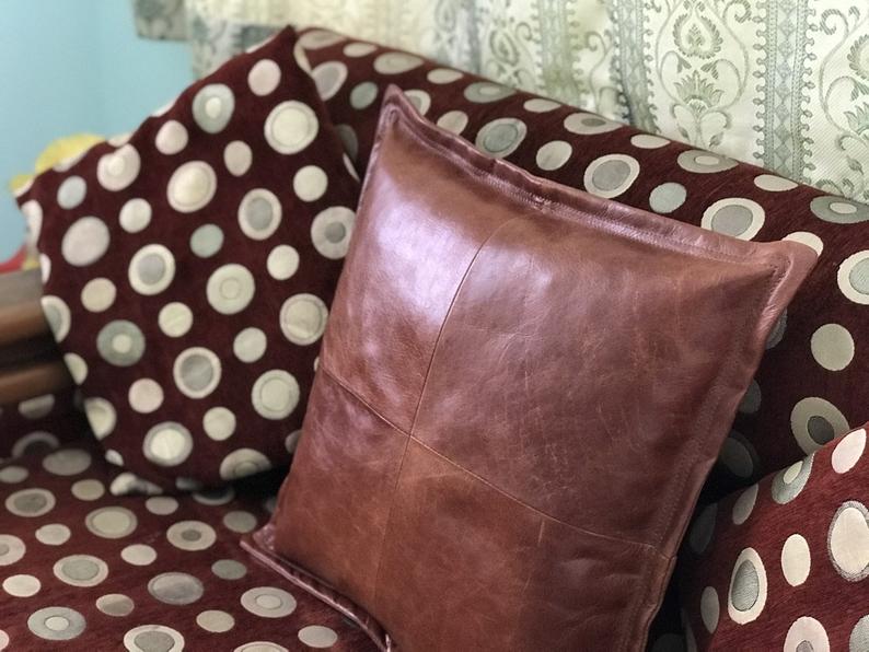 Noora Lambskin Leather Cushion Cover Reddish Brown | Pillow Couch Cover | Leather Throw Case | Decorative Accent Pillow Cover | ST0146