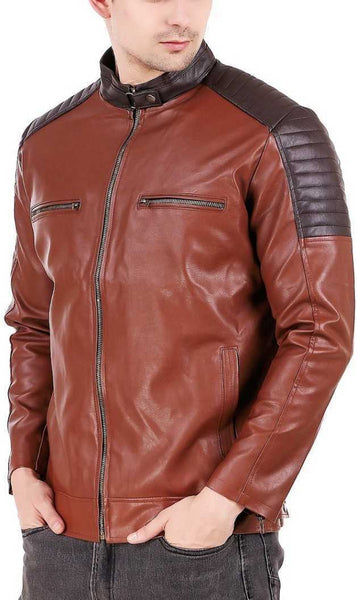 NOORA Mens Lambskin Color Block Quilted Biker Jacket With Zipper & Pocket| Band Collar| ST0178