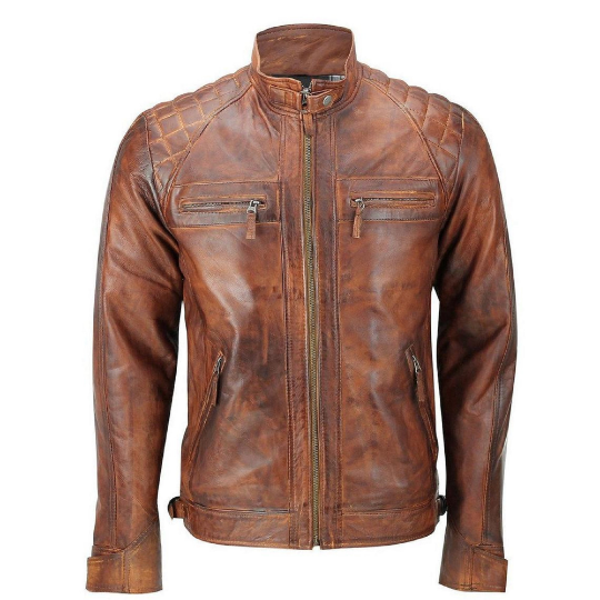 NOORA Mens Brown Colour Lambskin Leather Quilted Biker Jacket  With Zipper & Pocket | Band Collar | ST066