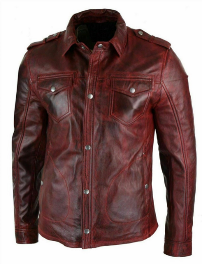 NOORA Mens Lambskin Brown Leather Motorcycle Shirt Jacket With Pocket | Shoulder Strap | ST021