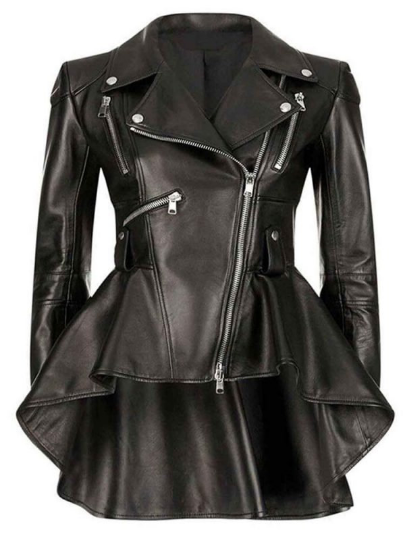 NOORA Womens Lambskin Black Leather Flare Dress Jacket With Zipper | Celebrity Style Ottamae Dress | Snap On Collar | ST049