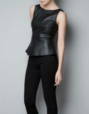 NOORA New Lambskin Leather Black Biker Top For Women | Sleeveless Black Leather Top | Slim Fit Top | ST093