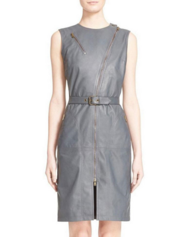 NOORA Womens Real Lambskin Grey Leather Dress With Long Zipper & Belt | Front Slit | Party-wear dress | ST075