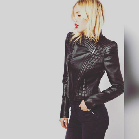 NOORA Womens Lambskin Black Leather Slim Fit Biker Jacket with Zipper Collar | Quilted Jacket | Western Style |  ST033