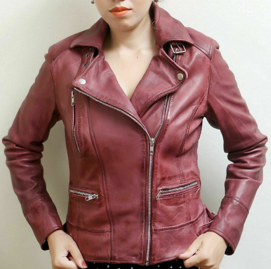 NOORA Womens  Lambskin Maroon Red Leather Biker Jacket With Zipper & Pocket | Belted Jacket | Snap On Collar | ST073