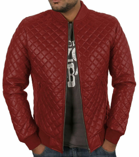 NOORA 100% Real Lambskin Leather Men's Maroon Red Quilted Leather Jacket Original Bomber Casual Styl