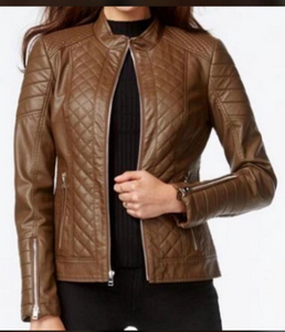 NOORA Womens Real Lambskin Brown Leather Biker Quilted Jacket With Zipper & Pocket | Zip On Sleeves | ST070