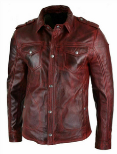 NOORA Mens Lambskin Brown Leather Motorcycle Shirt Jacket With Pocket | Shoulder Strap | ST021