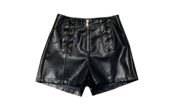 NOORA Womens Lambskin Black Leather Braided Shorts With Zipper & Pocket| Biker Pant | Mini Shorts | ST356