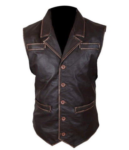 NOORA Mens Lightweight Leather Distressed Brown Vest Coat With Button & Pocket | Soft Leather Vest Coat | Slim Fit | ST0171