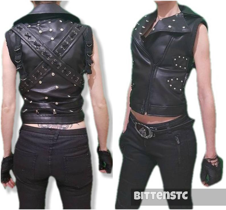 NOORA Womens Lambskin Black Leather Punk Rock Studded Vest Coat With Zipper | Vest Coat With Braided | Eyelets |  ST0170